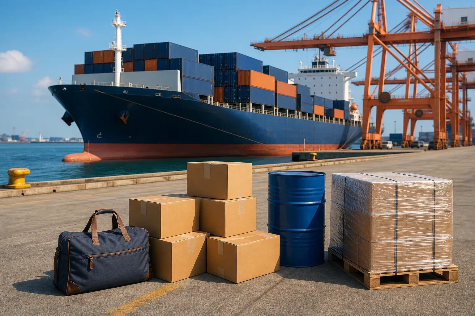 Sac, cartons, baril et palette préparés dans un port à conteneurs